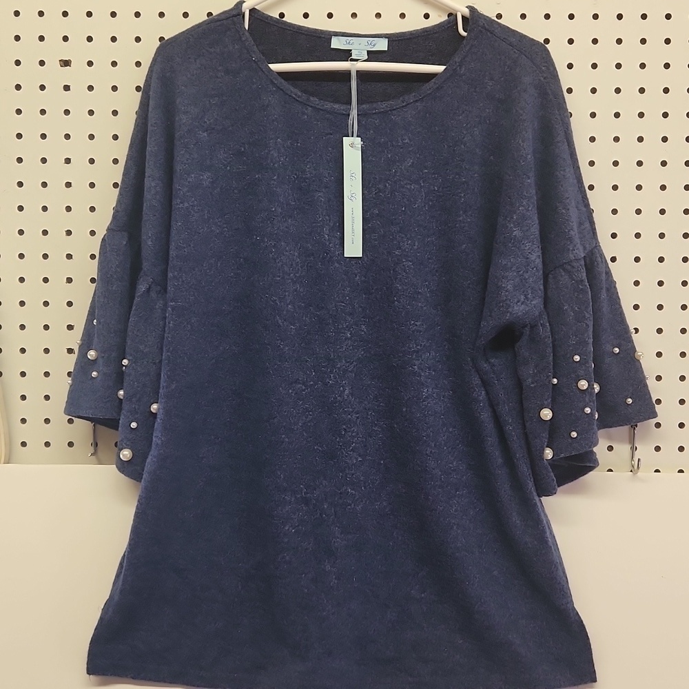 She and Sky cozy top faux pearl embellished ruffle sleeves